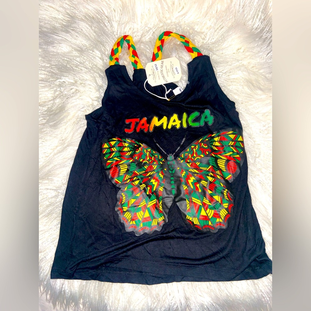 Black Graphic Sleeveless Tank Top with Red Jamaica Text
